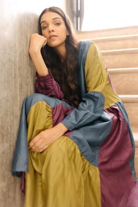 Shop Ayaka Blue 100% Mulberry Silk Round Color Block Tiered Dress Online at Aza Fashions Shop_Ayaka_Blue 100% Mulberry Silk Round Color Block Tiered Dress_Online_at_Aza_Fashions