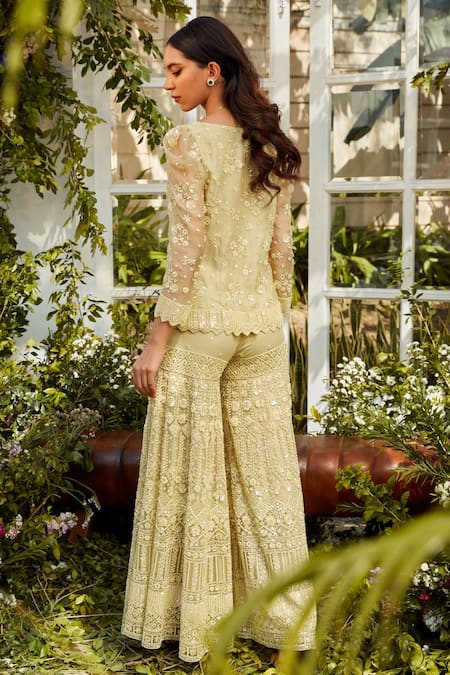 Shop Rococo Yellow Organza, Net Bead Work, Sequins Eva Embroidered Jacket And Sharara Set at Aza Fashions Shop_Rococo_Yellow Organza, Net Bead Work, Sequins Eva Embroidered Jacket And Sharara Set _at_Aza_Fashions