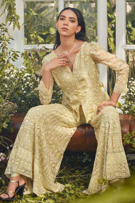 Rococo Yellow Organza, Net Bead Work, Sequins Eva Embroidered Jacket And Sharara Set Online at Aza Fashions Rococo_Yellow Organza, Net Bead Work, Sequins Eva Embroidered Jacket And Sharara Set _Online_at_Aza_Fashions