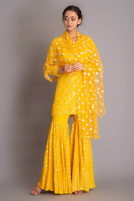Buy_Evra By Nikita_Yellow Georgette Round Mirror Embellished Kurta Sharara Set_Online_at_Aza_Fashions