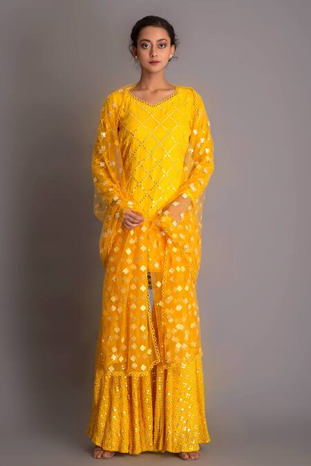 Evra By Nikita_Yellow Georgette Round Mirror Embellished Kurta Sharara Set_Online_at_Aza_Fashions