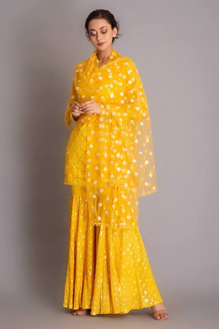 Shop_Evra By Nikita_Yellow Georgette Round Mirror Embellished Kurta Sharara Set_Online_at_Aza_Fashions