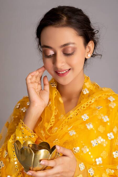 Evra By Nikita_Yellow Georgette Round Mirror Embellished Kurta Sharara Set_at_Aza_Fashions