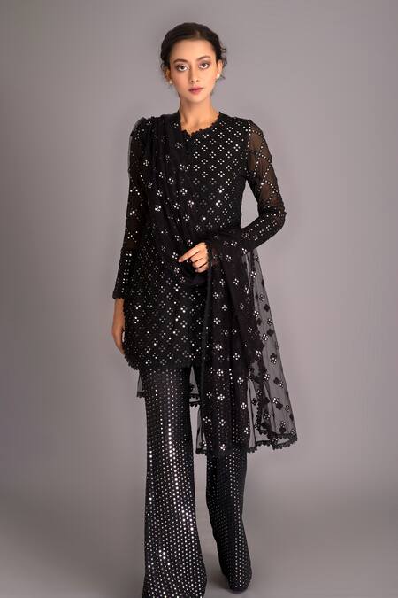 Shop_Evra by Nikita_Black Georgette Round Mirror Embellished Kurta Set _at_Aza_Fashions