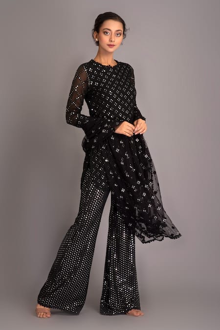 Buy_Evra by Nikita_Black Georgette Round Mirror Embellished Kurta Set _Online_at_Aza_Fashions