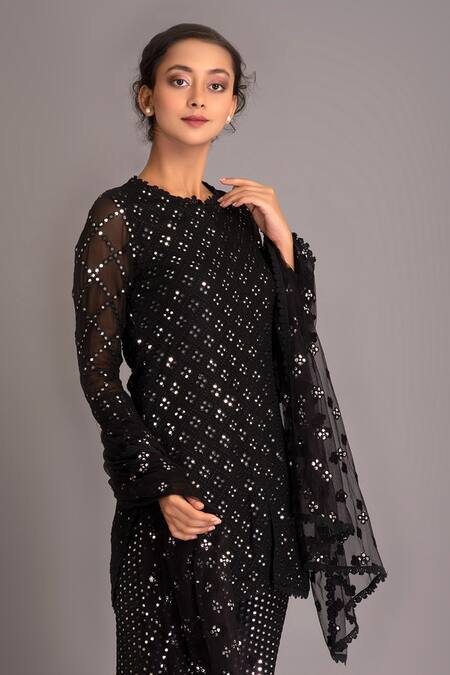 Shop_Evra by Nikita_Black Georgette Round Mirror Embellished Kurta Set _Online_at_Aza_Fashions