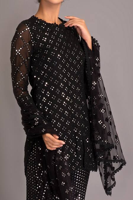 Evra by Nikita_Black Georgette Round Mirror Embellished Kurta Set _at_Aza_Fashions