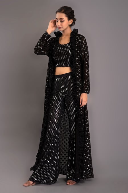 Evra By Nikita_Black Georgette Round Mirror Embellished Jacket And Pant Set _Online_at_Aza_Fashions