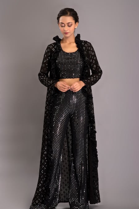 Buy_Evra By Nikita_Black Georgette Round Mirror Embellished Jacket And Pant Set _Online_at_Aza_Fashions