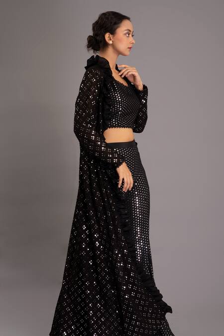 Shop_Evra By Nikita_Black Georgette Round Mirror Embellished Jacket And Pant Set _Online_at_Aza_Fashions