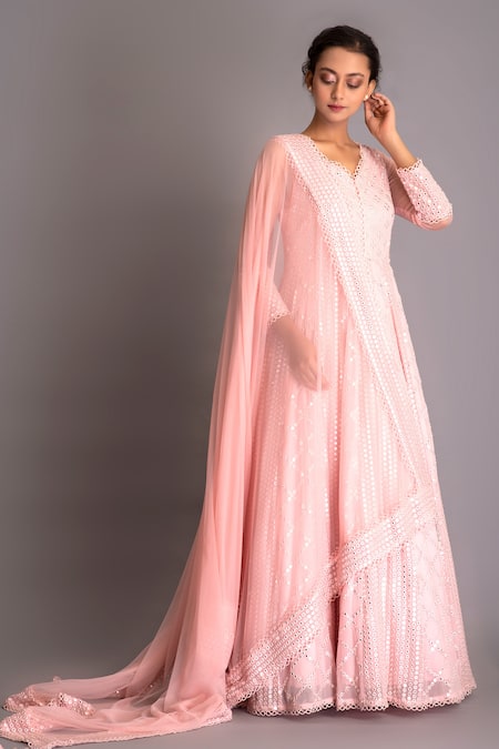Evra By Nikita_Pink Georgette V Neck Mirror Embellished Anarkali With Dupatta _Online_at_Aza_Fashions