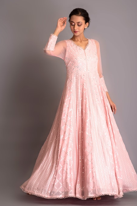 Buy_Evra By Nikita_Pink Georgette V Neck Mirror Embellished Anarkali With Dupatta _Online_at_Aza_Fashions