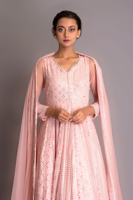 Shop_Evra By Nikita_Pink Georgette V Neck Mirror Embellished Anarkali With Dupatta _Online_at_Aza_Fashions