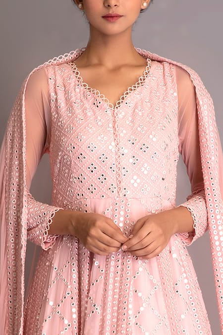 Evra By Nikita_Pink Georgette V Neck Mirror Embellished Anarkali With Dupatta _at_Aza_Fashions