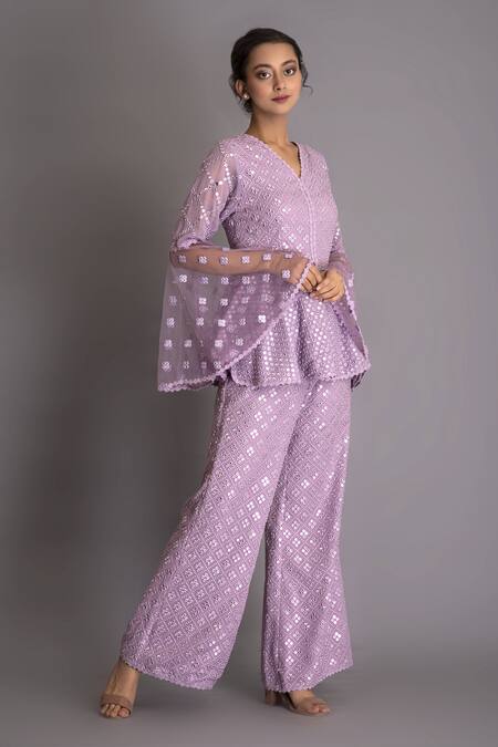 Evra By Nikita_Purple Georgette V Neck Mirror Embellished Peplum Tunic And Pant Set _Online_at_Aza_Fashions