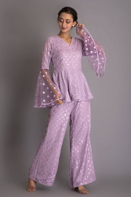 Buy_Evra By Nikita_Purple Georgette V Neck Mirror Embellished Peplum Tunic And Pant Set _Online_at_Aza_Fashions