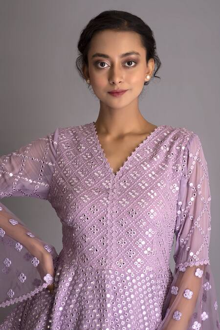 Shop_Evra By Nikita_Purple Georgette V Neck Mirror Embellished Peplum Tunic And Pant Set _Online_at_Aza_Fashions
