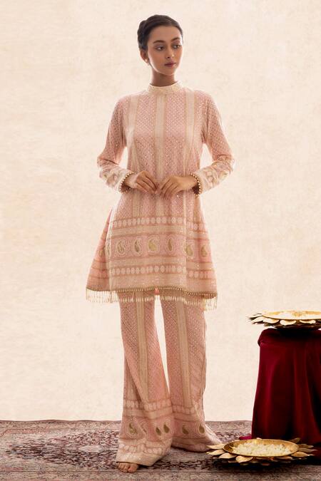 Evra By Nikita_Pink Georgette High Neck Collar Chikankari Short Tunic And Pant Set _Online_at_Aza_Fashions