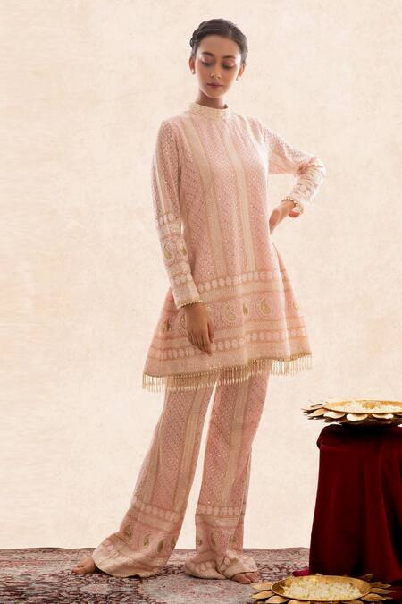 Buy_Evra By Nikita_Pink Georgette High Neck Collar Chikankari Short Tunic And Pant Set _Online_at_Aza_Fashions