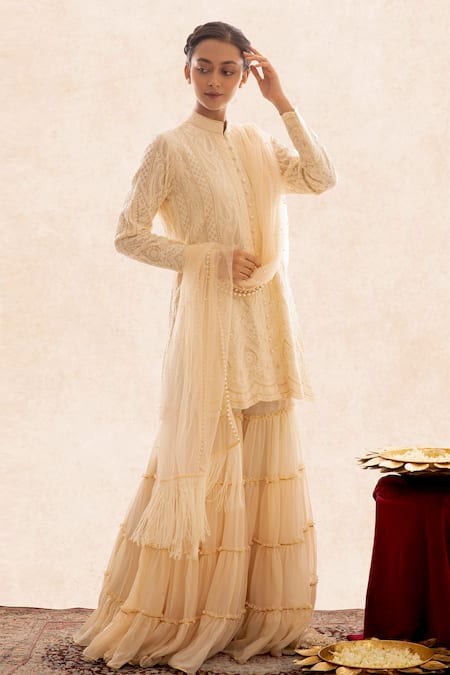 Evra By Nikita Gold Georgette Mandarin Collar Chikankari Kurta Sharara Set Online at Aza Fashions Evra By Nikita_Gold Georgette Mandarin Collar Chikankari Kurta Sharara Set _Online_at_Aza_Fashions