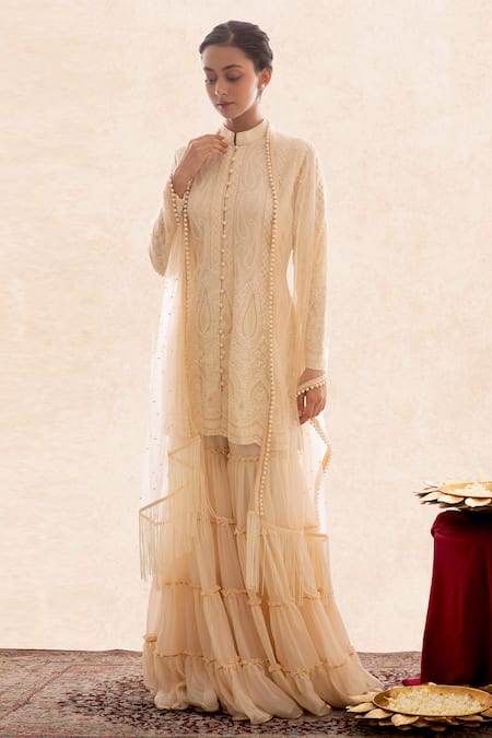 Buy Evra By Nikita Gold Georgette Mandarin Collar Chikankari Kurta Sharara Set Online at Aza Fashions Buy_Evra By Nikita_Gold Georgette Mandarin Collar Chikankari Kurta Sharara Set _Online_at_Aza_Fashions