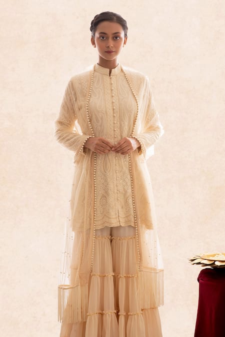 Shop Evra By Nikita Gold Georgette Mandarin Collar Chikankari Kurta Sharara Set Online at Aza Fashions Shop_Evra By Nikita_Gold Georgette Mandarin Collar Chikankari Kurta Sharara Set _Online_at_Aza_Fashions