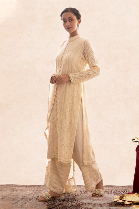 Evra By Nikita_Gold Georgette Mandarin Collar Chikankari Kurta Set _Online_at_Aza_Fashions
