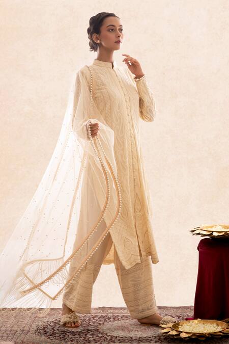 Buy_Evra By Nikita_Gold Georgette Mandarin Collar Chikankari Kurta Set _Online_at_Aza_Fashions