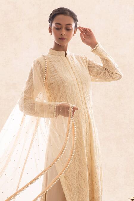 Shop_Evra By Nikita_Gold Georgette Mandarin Collar Chikankari Kurta Set _Online_at_Aza_Fashions