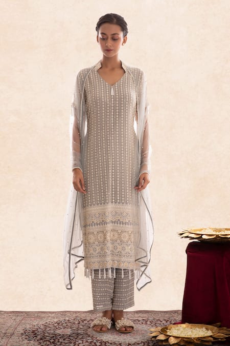 Shop Evra By Nikita Grey Georgette V Neck Chikankari Kurta Set Online at Aza Fashions Shop_Evra By Nikita_Grey Georgette V Neck Chikankari Kurta Set _Online_at_Aza_Fashions