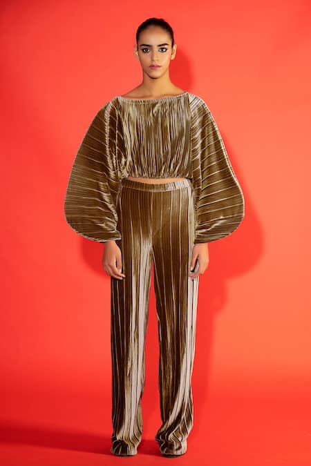 Evra By Nikita_Green Velvet Boat Puff Sleeve Crop Top And Pant Set _Online_at_Aza_Fashions