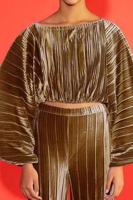 Buy_Evra By Nikita_Green Velvet Boat Puff Sleeve Crop Top And Pant Set _Online_at_Aza_Fashions