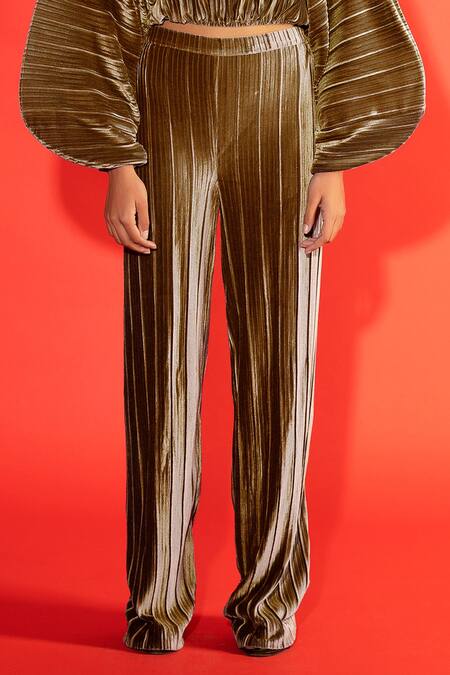 Shop_Evra By Nikita_Green Velvet Boat Puff Sleeve Crop Top And Pant Set _Online_at_Aza_Fashions