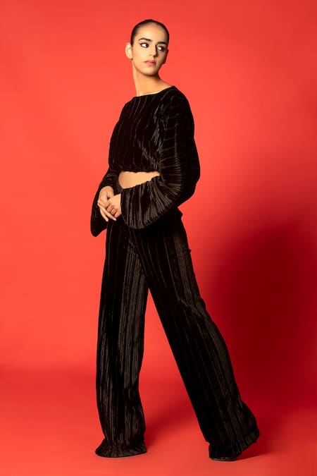 Evra By Nikita Puff Sleeve Velvet Crop Top & Pant Set 