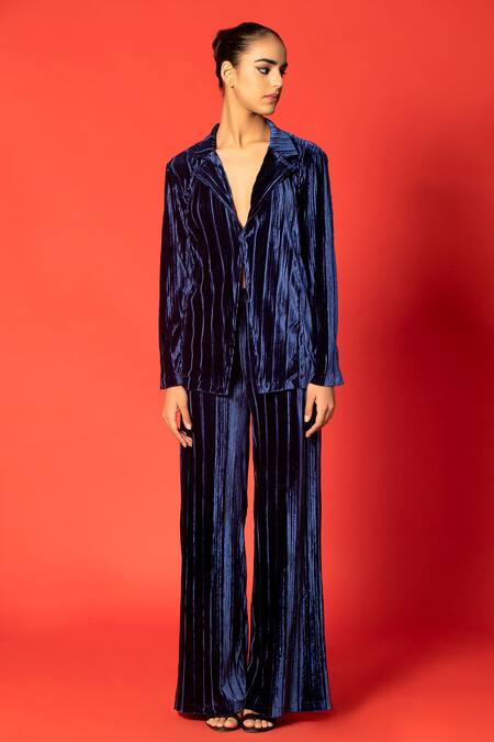 Evra By Nikita Blue Velvet Collared Neck Blazer And Pant Set Online at Aza Fashions Evra By Nikita_Blue Velvet Collared Neck Blazer And Pant Set _Online_at_Aza_Fashions