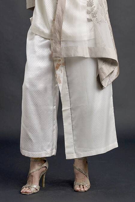 Bodhi Tree_Beige Silk Organza Embroidery Top V-neck Jacket Lapel Sheer And Pant Set _at_Aza_Fashions