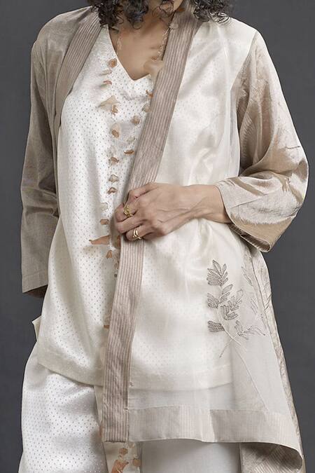 Shop_Bodhi Tree_Beige Silk Organza Embroidery Top V-neck Jacket Lapel Sheer And Pant Set _Online_at_Aza_Fashions