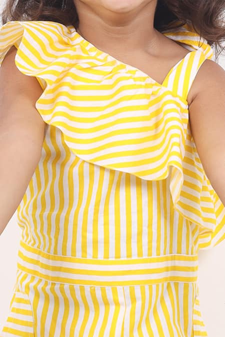 Maaikid_Yellow Cotton Striped One Shoulder Playsuit _at_Aza_Fashions