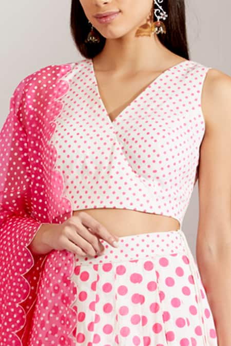 Label Earthen_White Cotton Mal, Organza Silk V Neck Polka Dot Print Lehenga Set _at_Aza_Fashions
