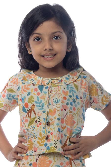 Miko Lolo_Multi Color Organic Cotton Satin Leaf Motifs, Flower Forest Print Shorts Set_Online_at_Aza_Fashions