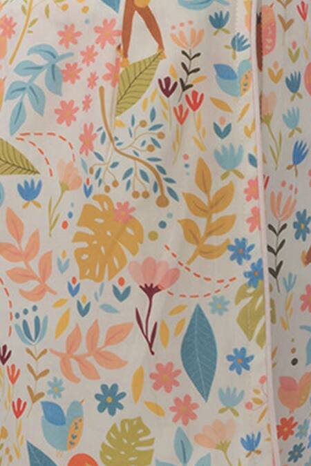 Shop_Miko Lolo_Multi Color Organic Cotton Satin Leaf Motifs, Flower Forest Print Shorts Set_Online_at_Aza_Fashions