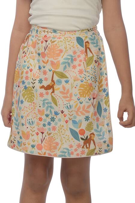 Miko Lolo_Multi Color Organic Cotton Satin Leaf Motifs, Flower Forest Print Shorts Set_at_Aza_Fashions