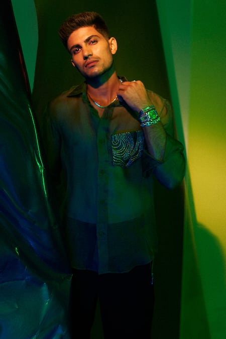 Buy Nirmooha Green Organza And Micro Cording Sheer Shirt & Pant Set Online at Aza Fashions Buy_Nirmooha_Green Organza And Micro Cording Sheer Shirt & Pant Set _Online_at_Aza_Fashions