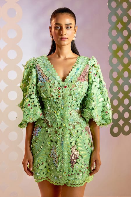 Pankaj & Nidhi_Green Tulle 3d Floral Applique V Neck Exquisita Puff Sleeve Dress_Online_at_Aza_Fashions