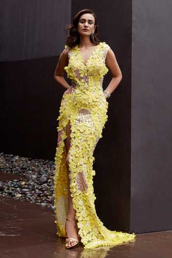 Pankaj & Nidhi_Yellow Tulle, Lining Jersey 3d Floral Appliques V Neck Exquisita Gown_Online_at_Aza_Fashions
