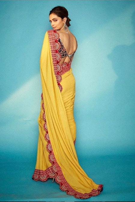 Buy Anamika Khanna Yellow Embroidered Saree With Blouse Fabric