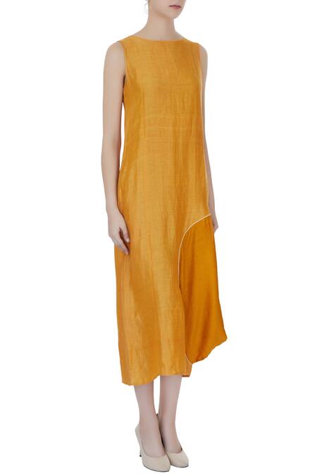 Ezra_Yellow Satin Linen Midi Dress_Online_at_Aza_Fashions
