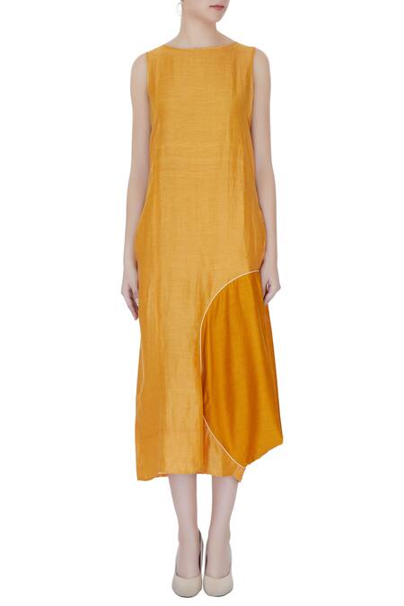 Shop_Ezra_Yellow Satin Linen Midi Dress_Online_at_Aza_Fashions