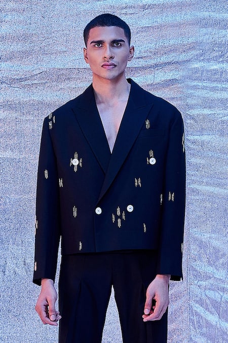 Line Out Line_Black Cotton Embroidered Cut Dana Work Crop Blazer_Online_at_Aza_Fashions
