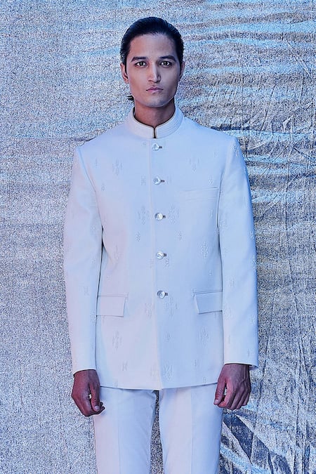 Line Out Line_White Cotton Embroidery Bandhgala_Online_at_Aza_Fashions